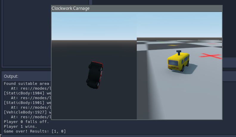 Splitscreen, one half showing a car falling, the other still on the platform. Below is console output text showing that player 1 wins.